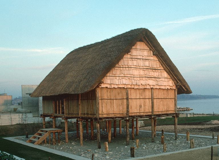 Ein grosses Pfahlbauerhaus auf seinen Pfählen, die normalerweise im Wasser verankert wären, steht im Archäologiepark des Laténiums.