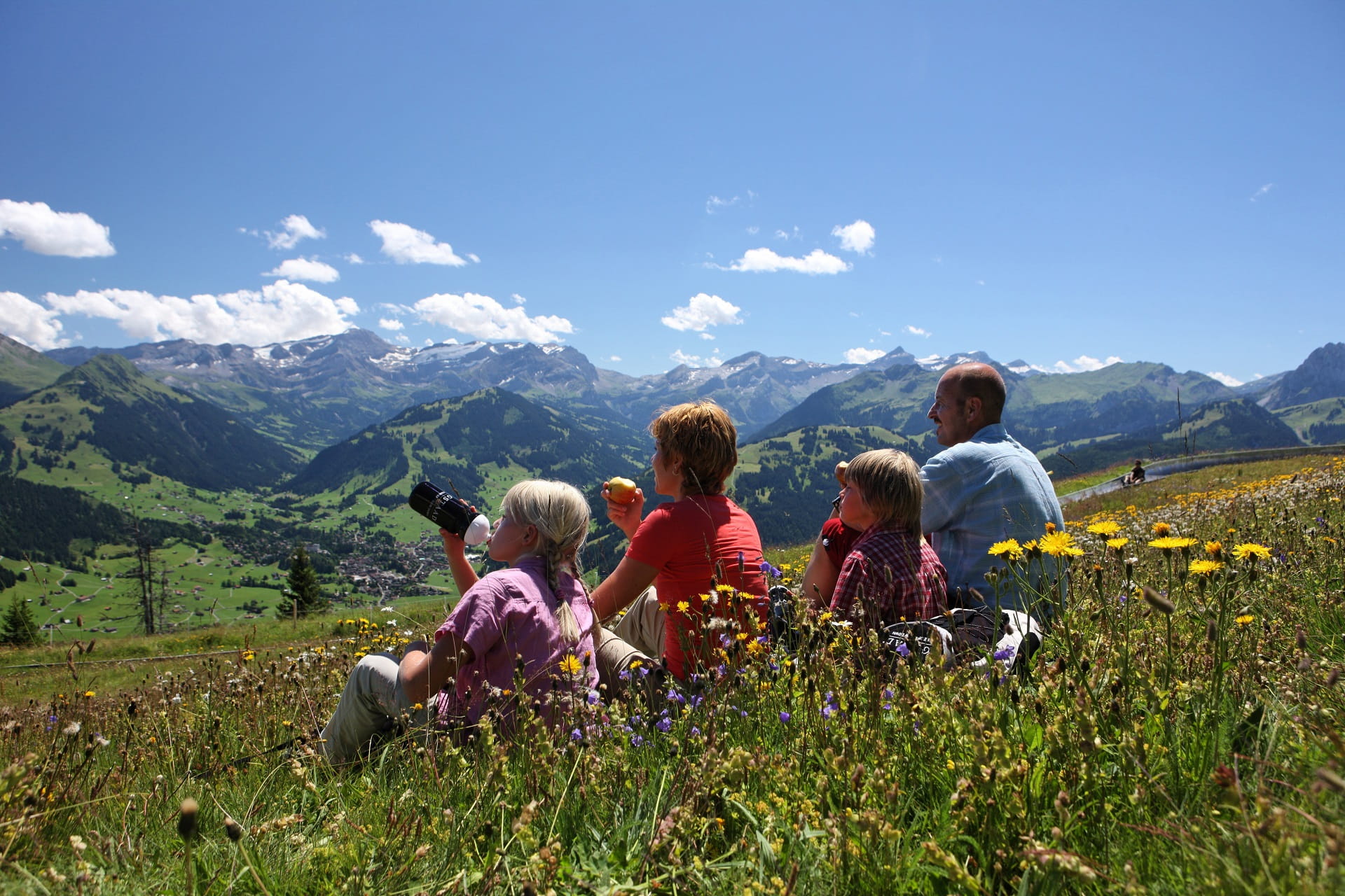 Eine vierköpfige Familie sitzt im hohen Grass und geniesst die Aussicht auf das Bergpanorama.