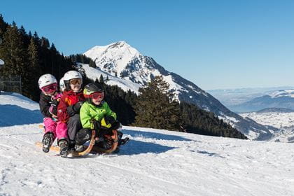 Drei Kinder auf einem Schlitten fahren die Piste herunter in Kiental bei Kandersteg