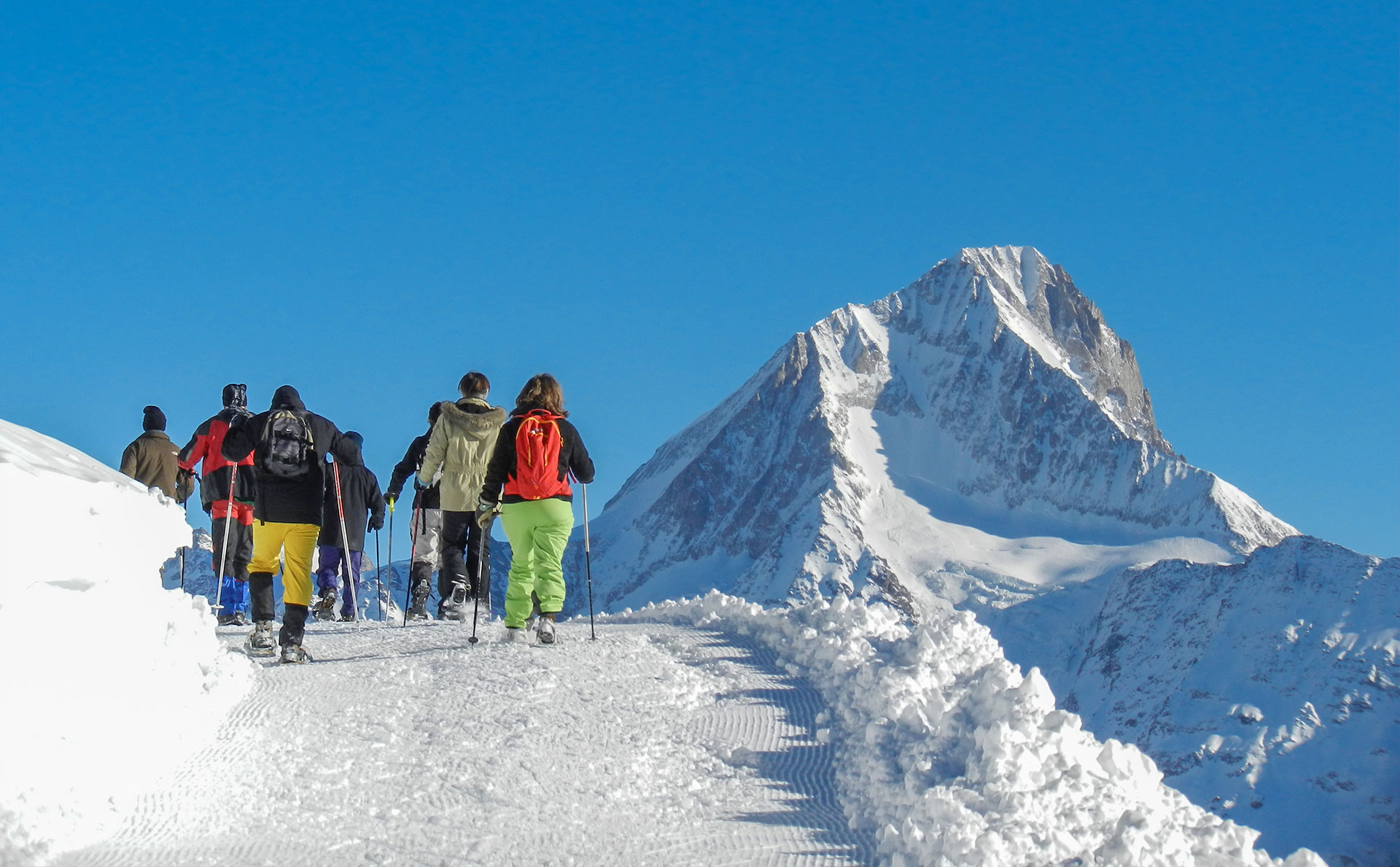 Gruppe auf hochalpiner Schneeschuhtour Hockenhorngrad–Lötschenpass