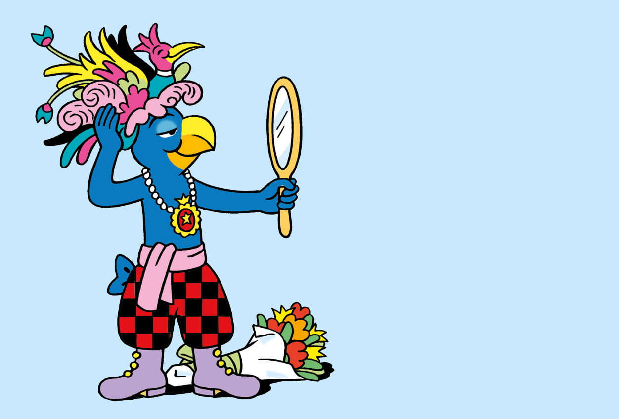 Illustration of Globi with colourful feahter headdress holding a hand mirror