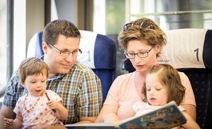 Familie mit Kleinkindern im Zug 1. Klasse Abteil
