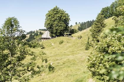 Panorama Lüderenalp mit Wanderbus